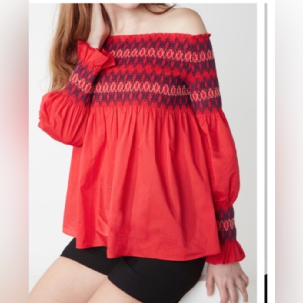 Crown & Ivy Red and Navy Off-Shoulder Blouse